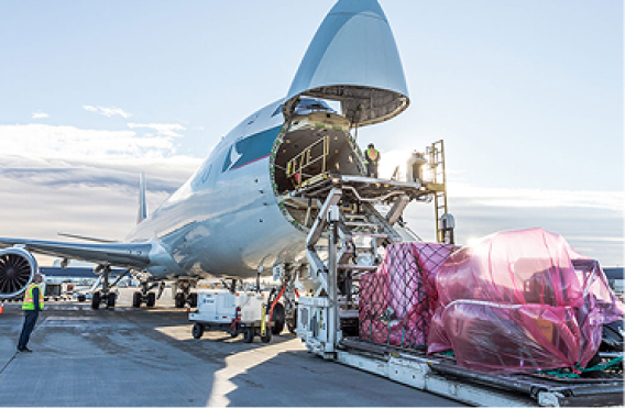Daylight scene showing air freight operations with mechanical loader and oversized cargo.