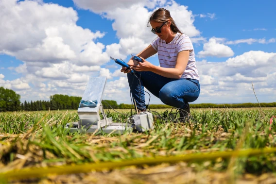 Researcher using handheld soil testing probes beside field equipment in a grassy agricultural field under a blue sky.