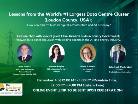 Online event poster about lessons from the world's largest data centre cluster and how Alberta can build digital infrastructure and an AI economy.