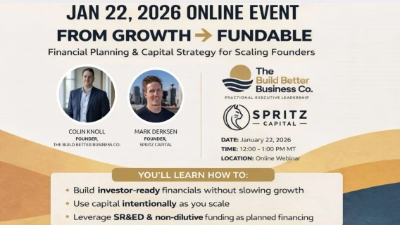 Event poster for the January 22, 2026 online session From Growth to Fundable about financial planning and capital strategy for scaling founders.
