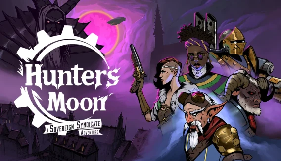 Illustrated game poster for Hunters Moon featuring fantasy characters against a purple moonlit background.