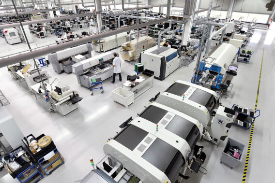 Modern industrial factory for the production of electronic components - machinery, interior and equipment of the production hall