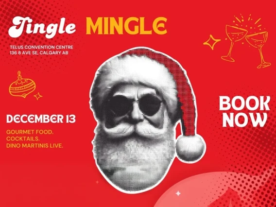 Promotional poster for the Jingle Mingle event at the TELUS Convention Centre in Calgary on December 13 featuring a Santa graphic and book now call to action.