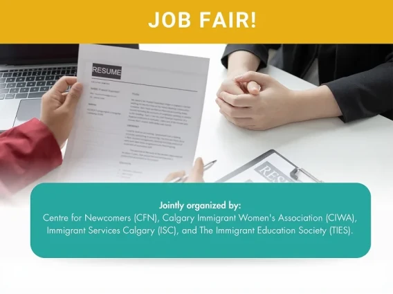 Job fair poster featuring resume review imagery and listing CFN, CIWA, ISC, and TIES as joint organizers.