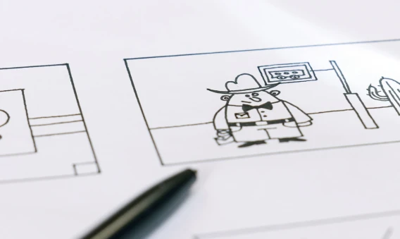 Close-up of a hand-drawn storyboard panel on paper with a pencil in the foreground.