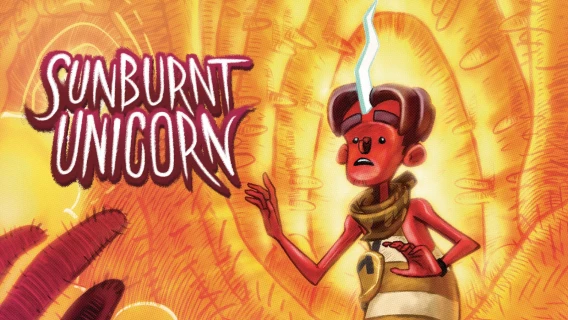Stylized game artwork for Sunburnt Unicorn featuring a red cartoon character with a horn against a bright yellow background.