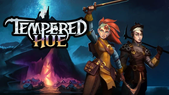 Fantasy game poster for Tempered Hue featuring two illustrated characters in front of a glowing volcanic landscape.