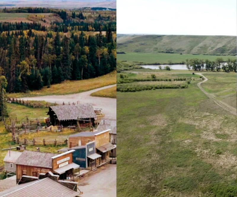 Split-style aerial view showing a historic townsite beside open grassland and a river valley.